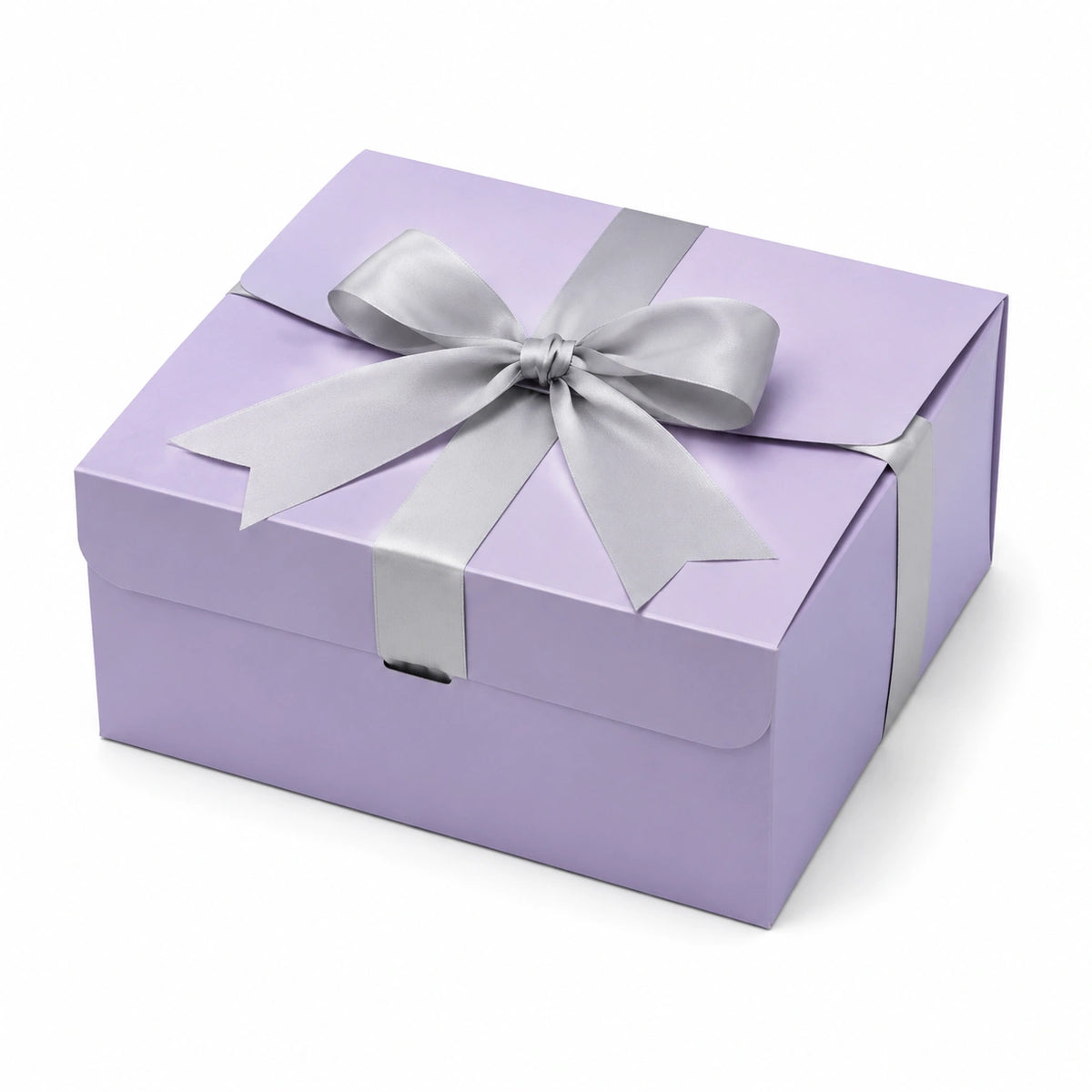 Geschenkbox 25 x 20 x 10 cm aus Karton in Lila mit silberfarbenem Schleifenband