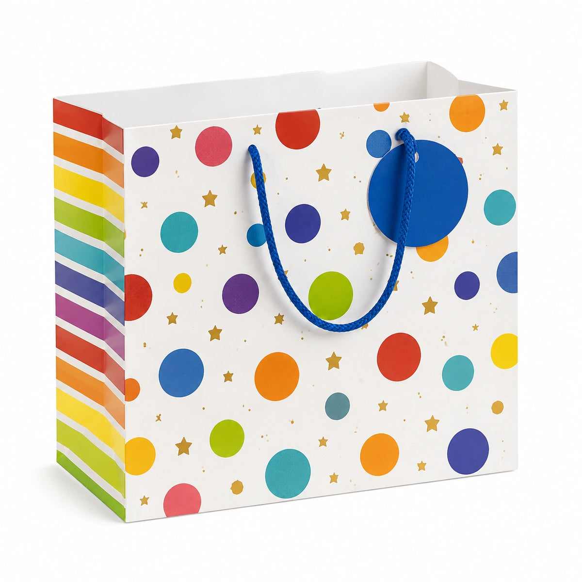 Geschenktüte 26 x 12 x 32 cm aus Papier Weiß mit buntem Punkte- und Sternmuster Kordelgriffen