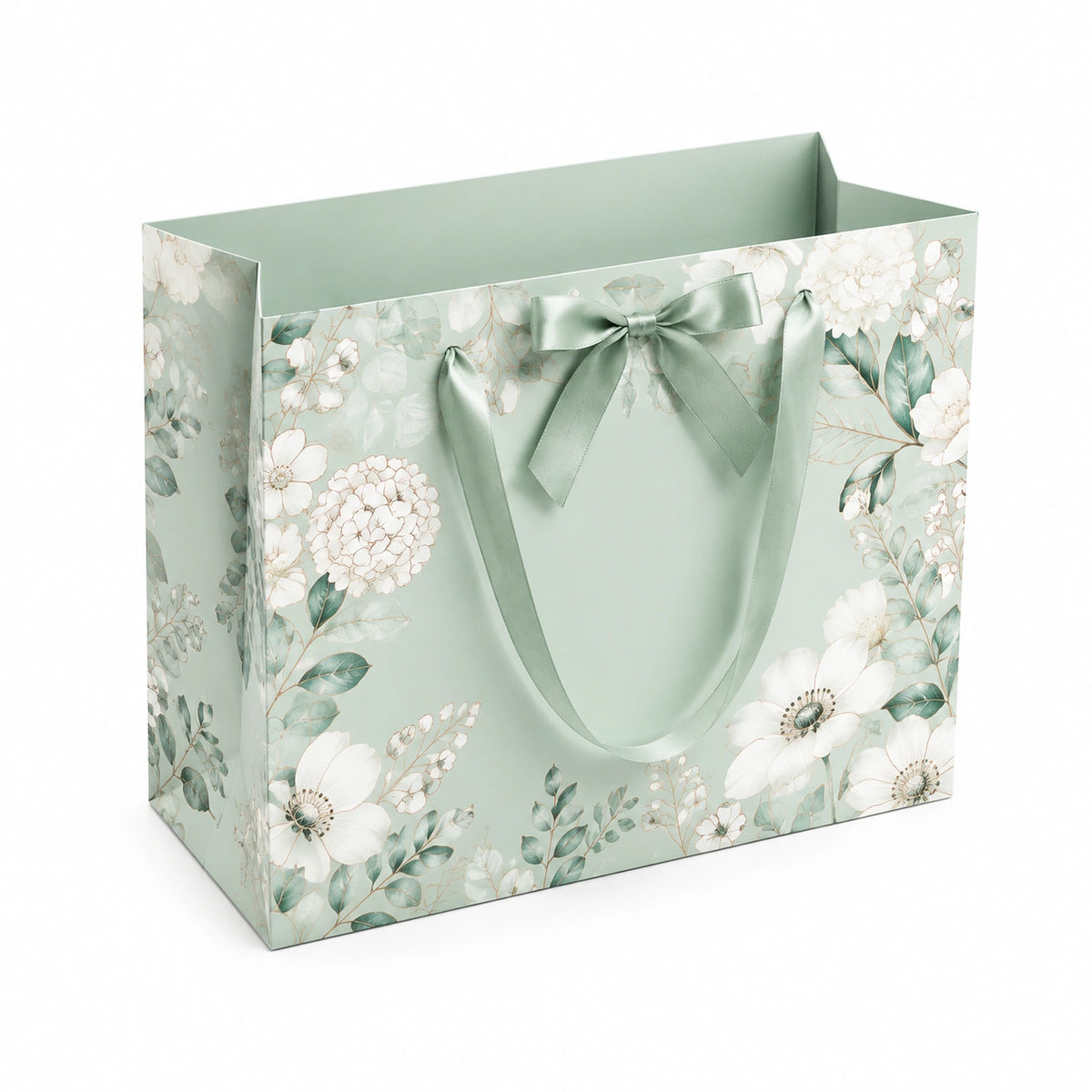 Geschenktüte 32 x 12 x 26 cm aus Papier in Salbeigrün mit Blumenmotiv und Satinband