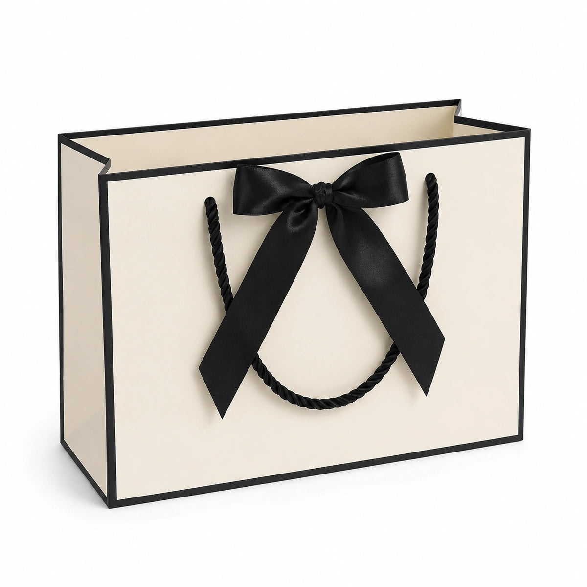 Geschenktüte 30 x 12 x 25 cm aus Papier Creme Schwarz mit Schleife