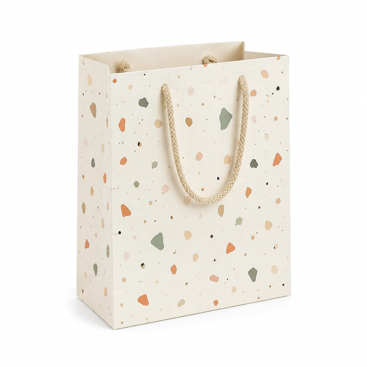 Geschenktüte 26 x 12 x 32 cm aus Papier Creme mit Kordelgriffen und Terrazzo Muster