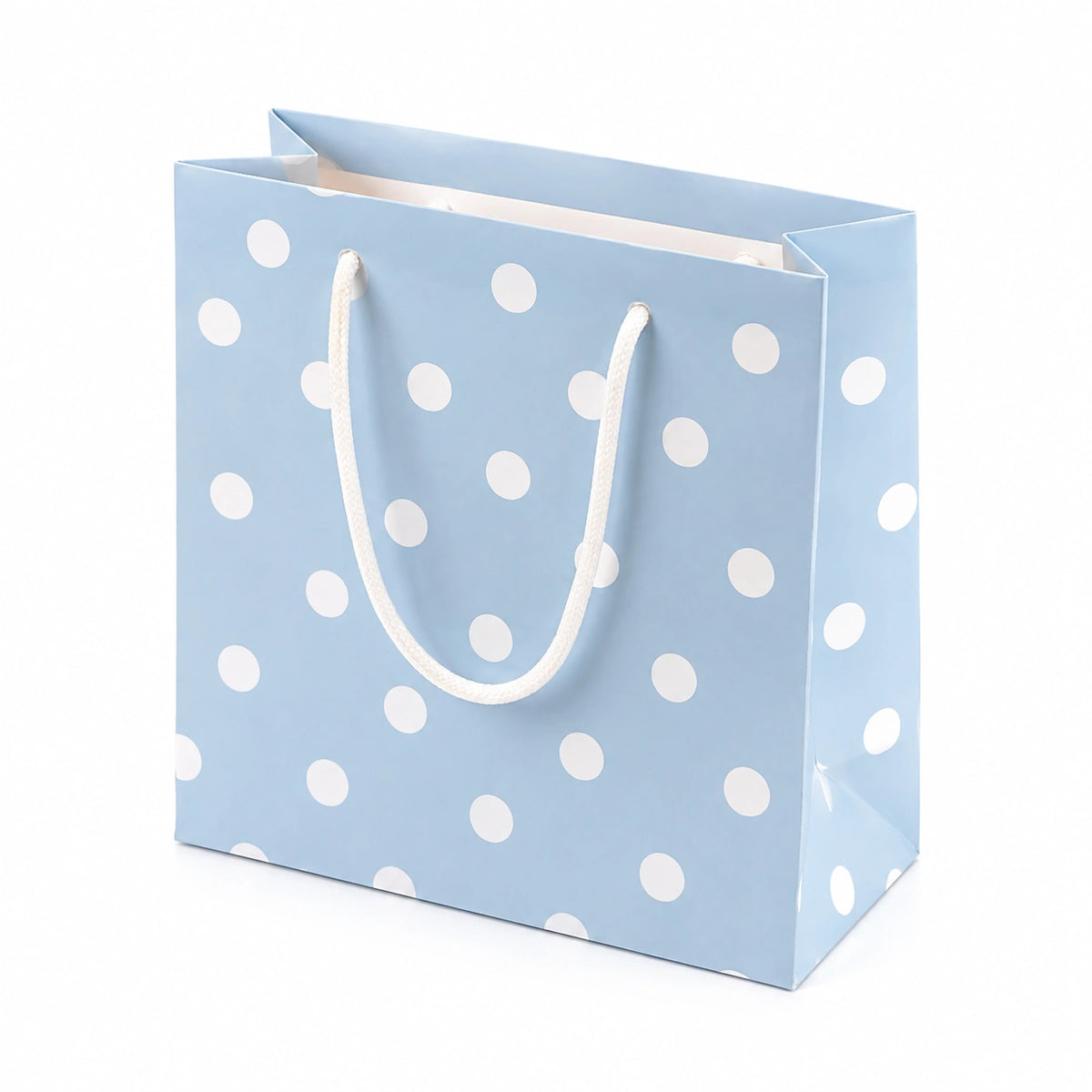 Geschenktüte 26 x 12 x 32 cm aus Papier Hellblau Weiß mit Kordelgriffen Punktmuster