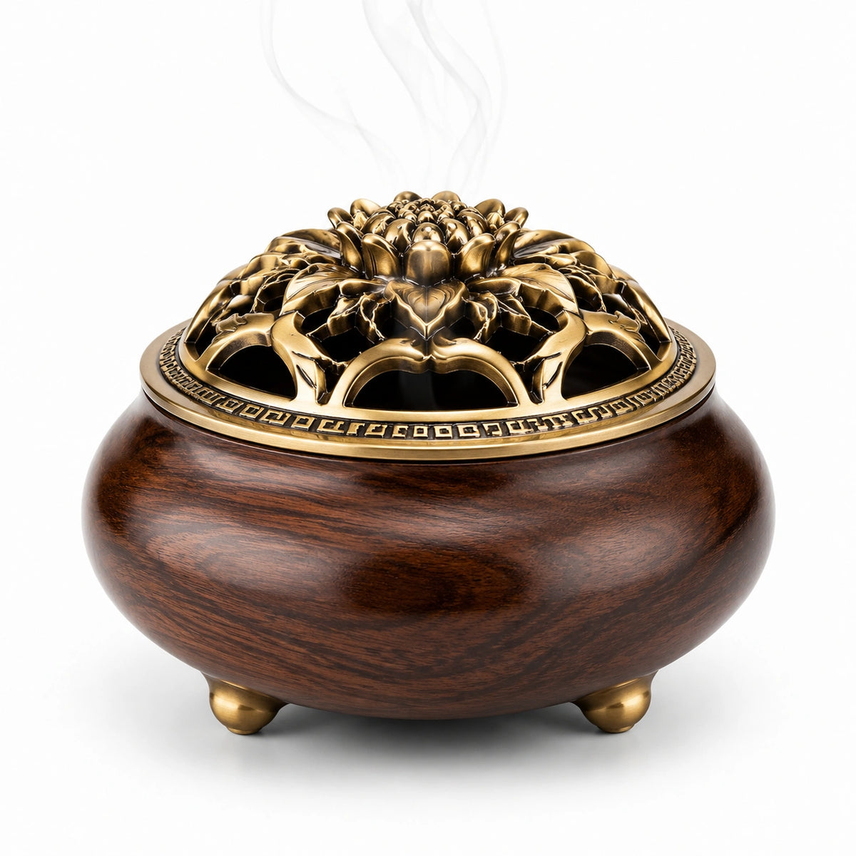 Räuchergefäß Ø 18 cm Holz Metall Dunkelbraun Antikgold mit durchbrochenem Blütendeckel