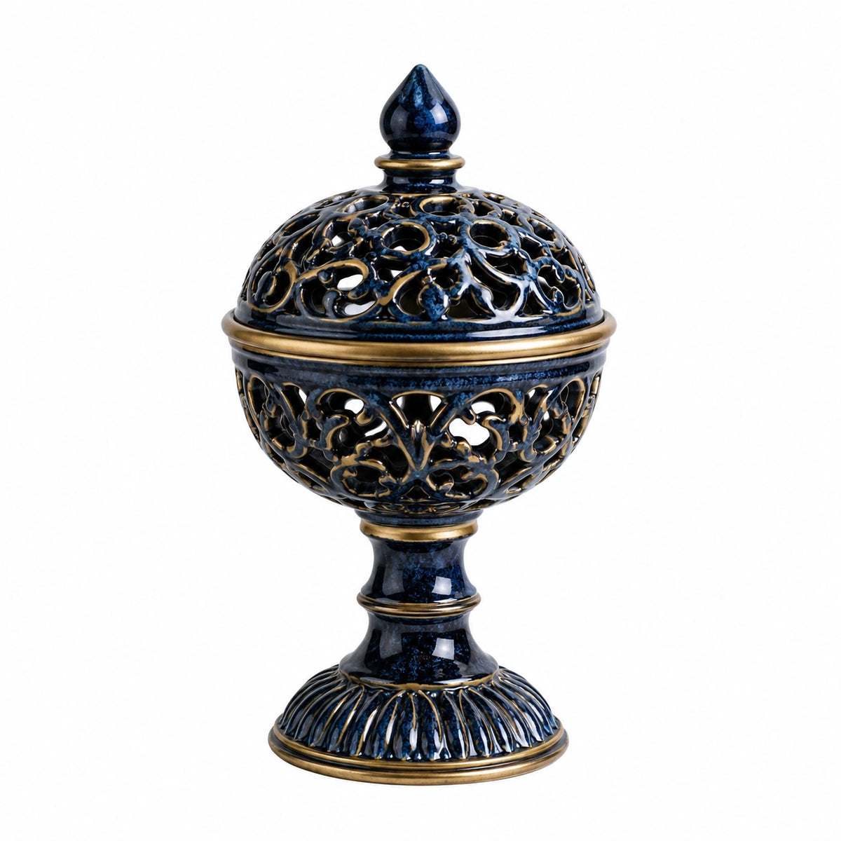 Räuchergefäß 18 x 32 cm Keramik Blau Gold mit Deckel und Durchbruchmuster