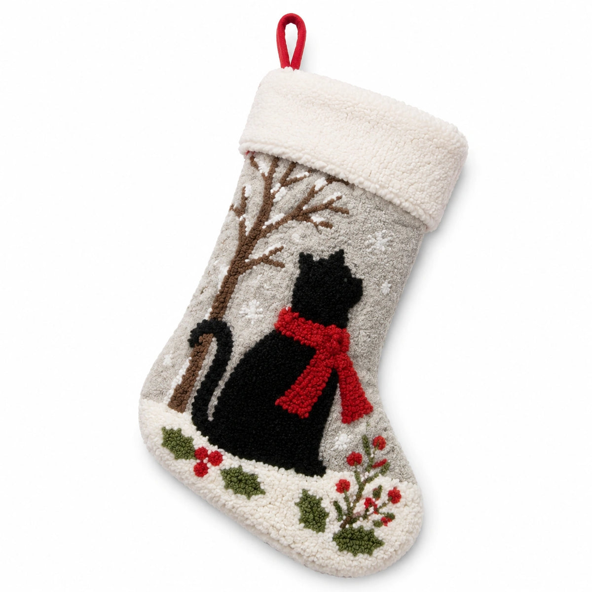 Weihnachtsstrumpf 45 cm aus Textil Grau mit Katzenmotiv zum Aufhängen