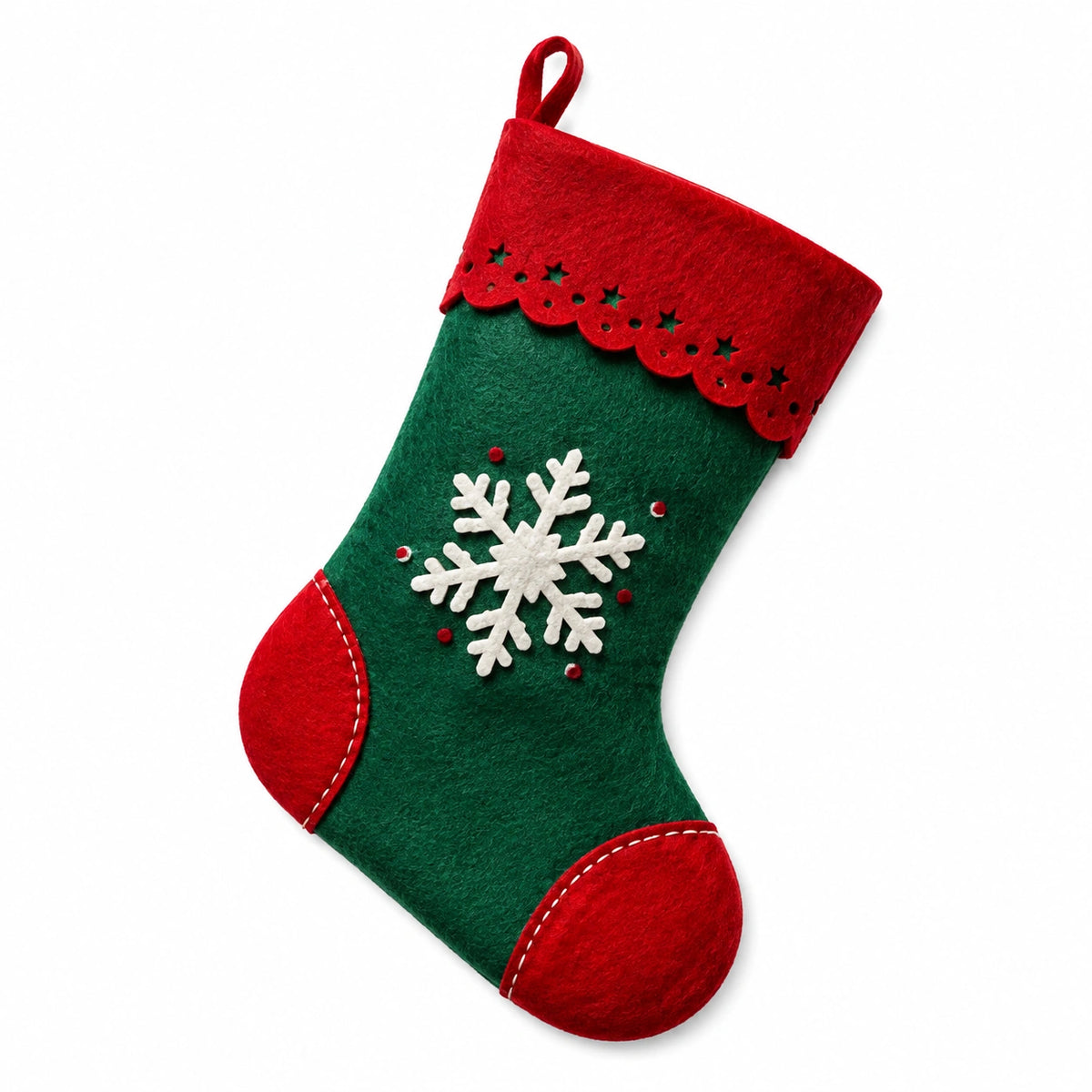 Weihnachtsstrumpf aus Filz Grün Rot mit Schneeflocke zum Aufhängen