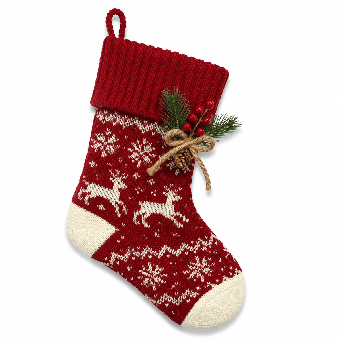 Weihnachtsstrumpf 45 cm aus Stricktextil Rot Creme zum Aufhängen mit Wintermotiv